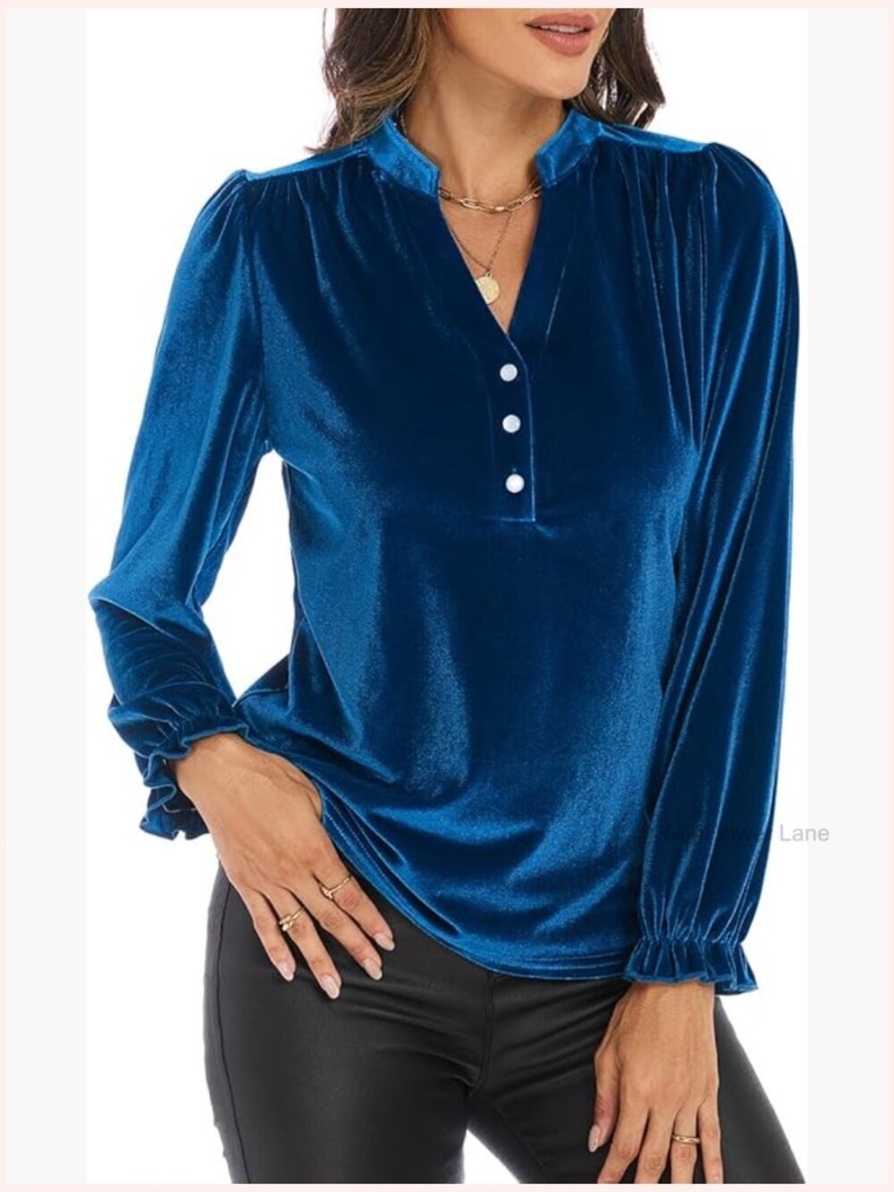 Velvet Puff Long Sleeve V Neck Ruched Blouse Shirt
